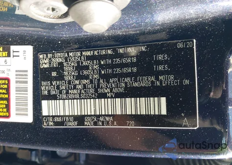 2020 Toyota Highlander Le из США, поврежденный, VIN 5TDBZRBH8LS032542